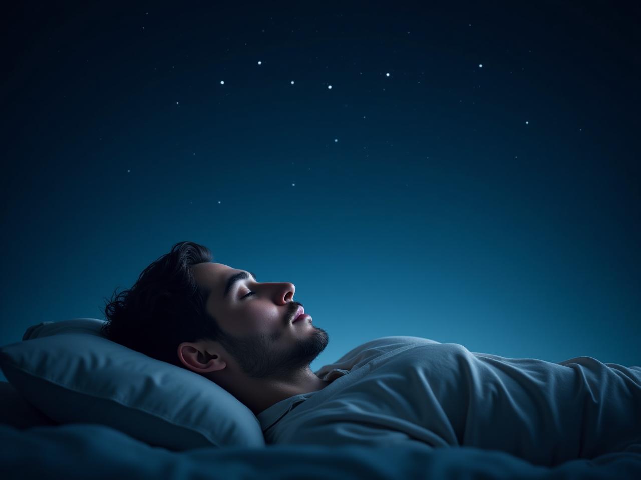 A serene image of a person sleeping peacefully under a starry sky, emphasizing the restorative power of sleep.