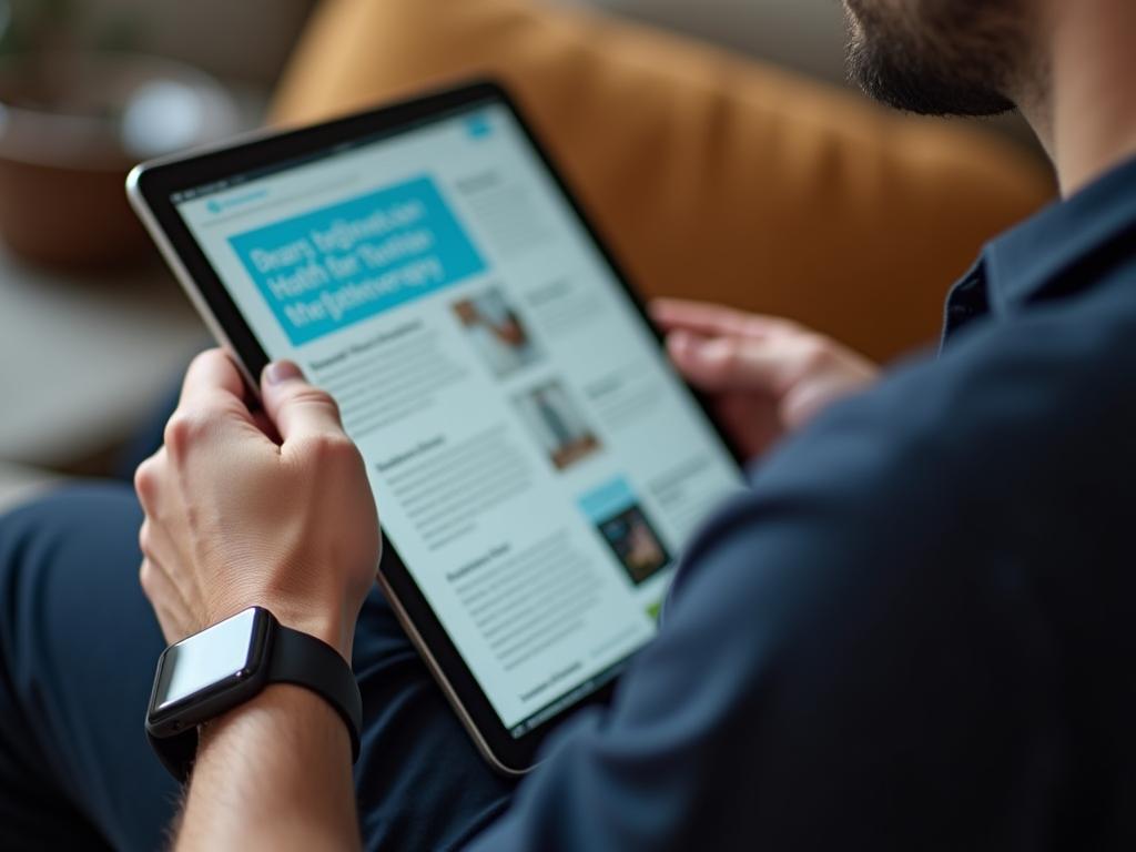 A person wearing a smartwatch while reading about health technology on a tablet.