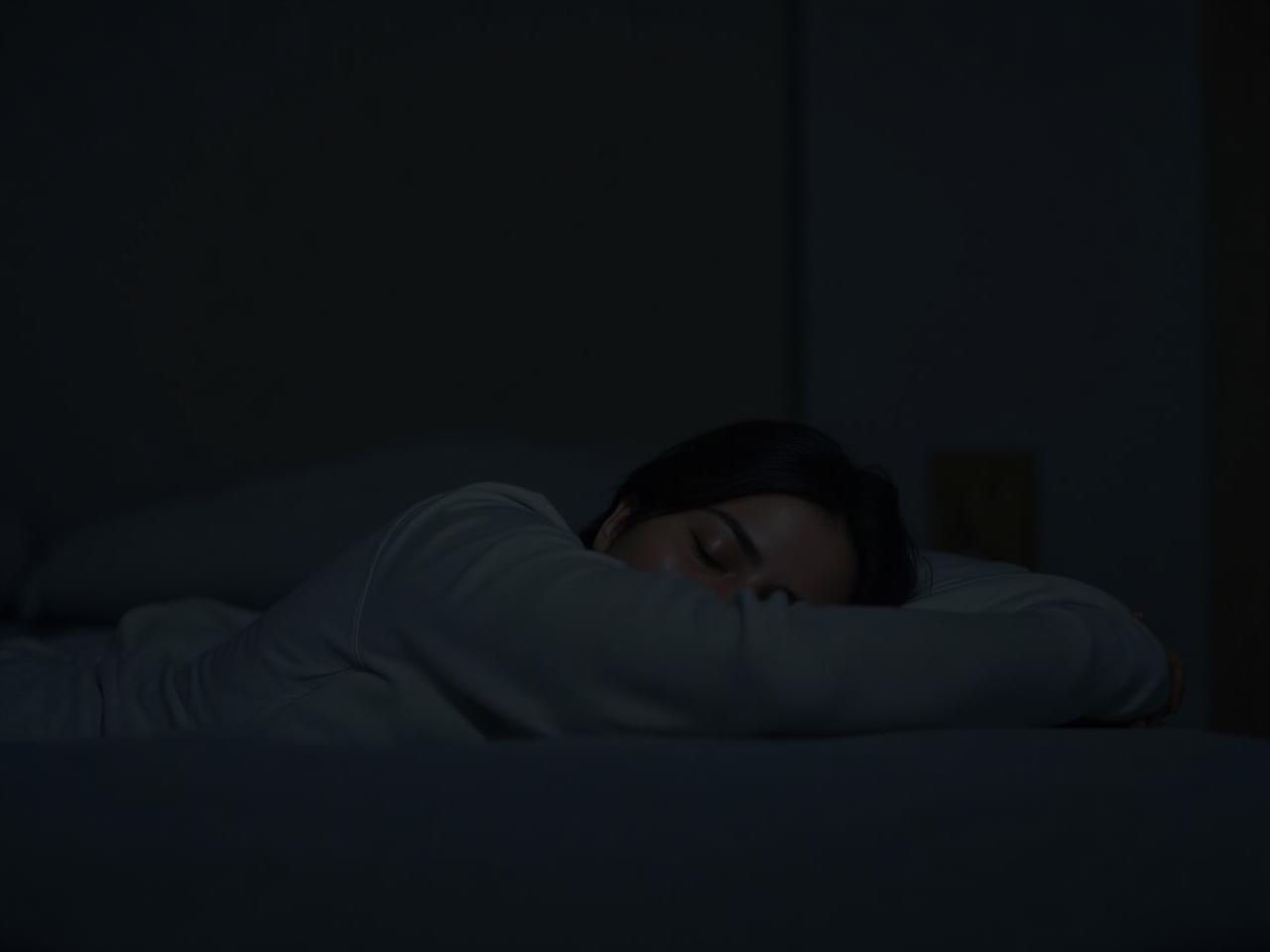 A person peacefully sleeping in a dark and comfortable bedroom, emphasizing the importance of sleep for health.