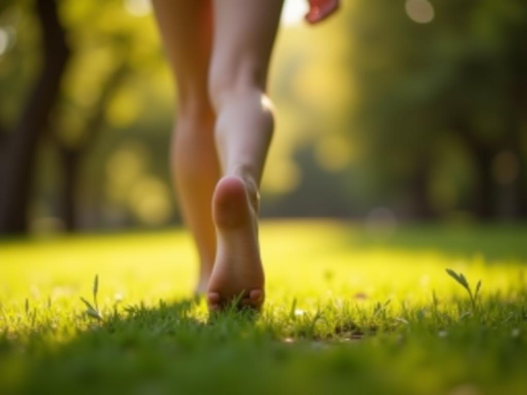 A person walking barefoot on grass in a park, surrounded by trees and sunlight.