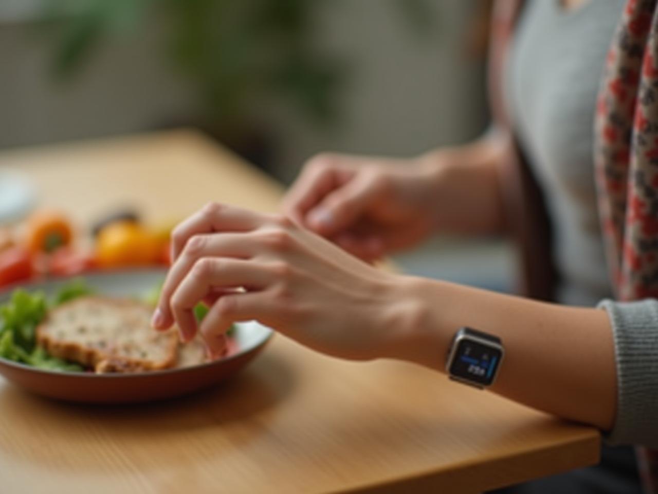 A person wearing a small sensor on their wrist while eating a healthy meal.
