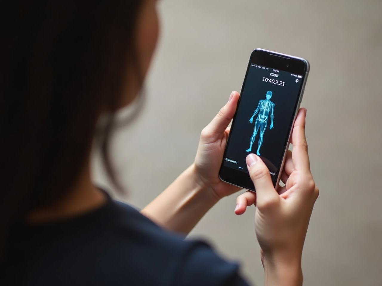 Person using a smartphone app to analyze their posture. The app displays metrics like HRV and body alignment.