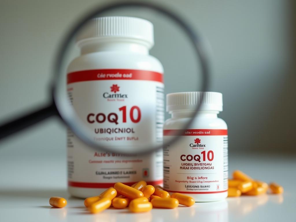A close-up shot of CoQ10 supplements in both Ubiquinol and Ubiquinone forms, with a magnifying glass focusing on the label to highlight the importance of ingredient selection. The background is blurred, creating a sense of scientific scrutiny and emphasis on quality.