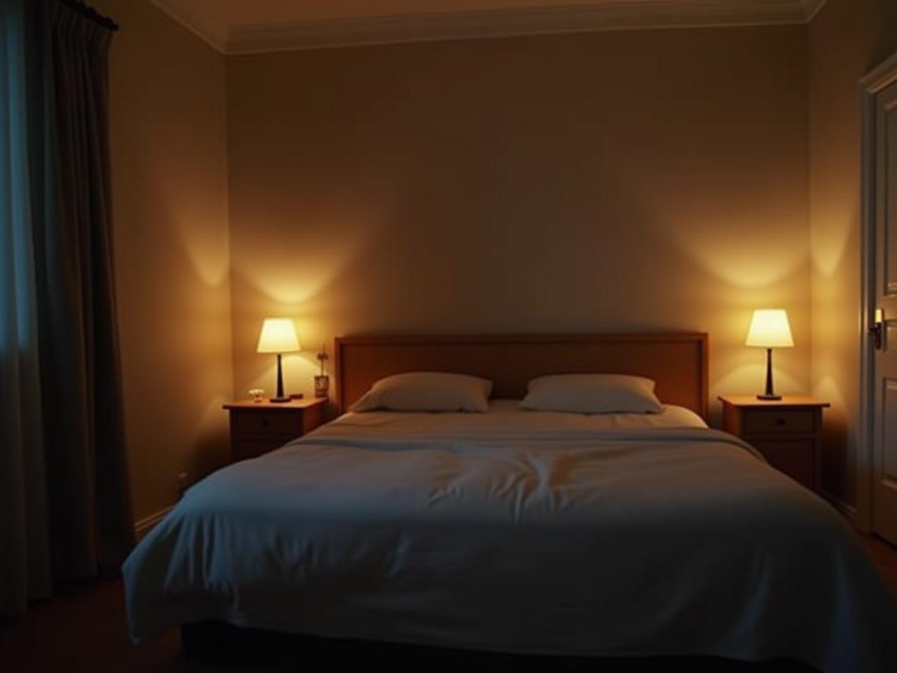 A cozy bedroom with a thermostat set to 19 degrees Celsius, a comfortable bed, and soft lighting.