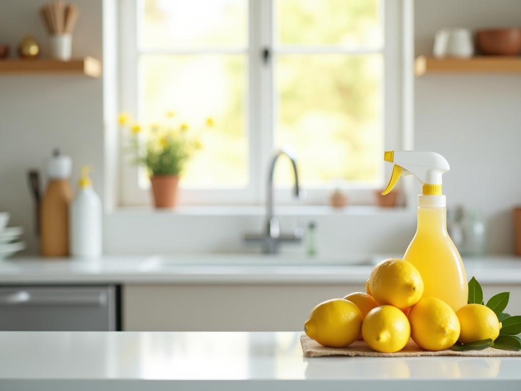 A sparkling clean kitchen with lemons and cleaning supplies on the counter.