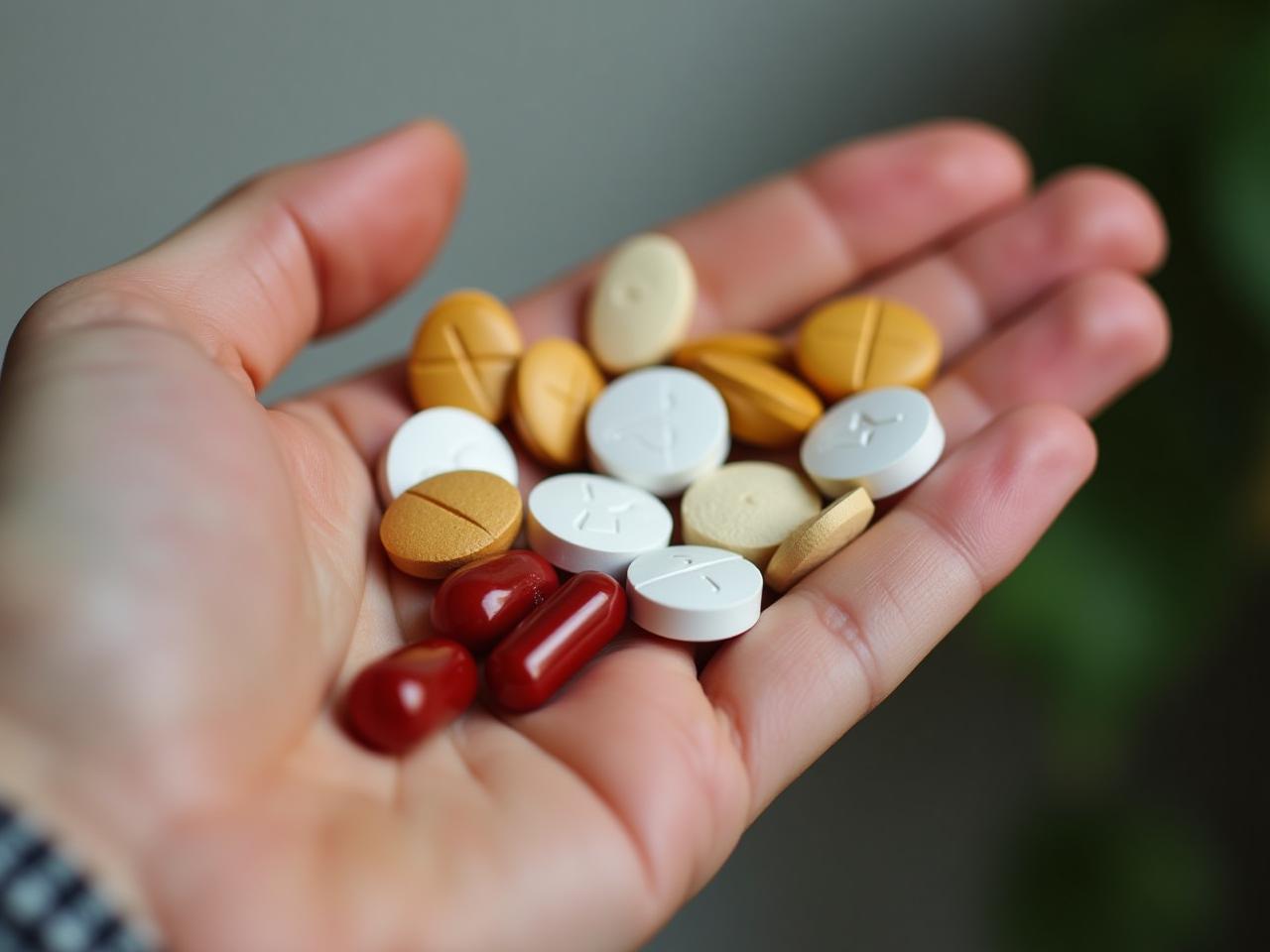 A hand holding different types of supplement pills with the focus on the label showing the ingredients.