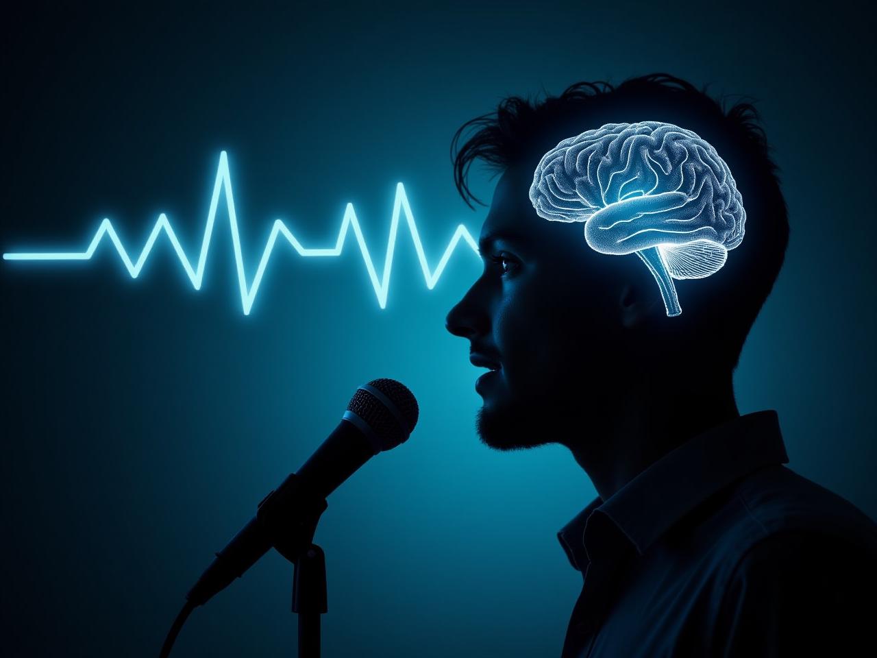 A person speaking into a microphone, with brainwave patterns visualized in the background, symbolizing the connection between speech and brain activity.