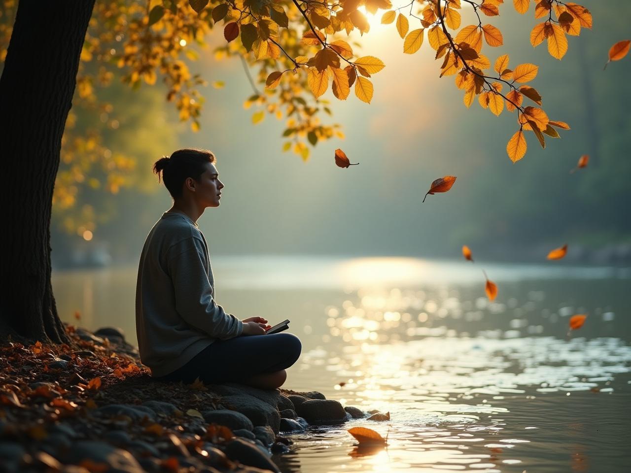 A person sitting by a river, observing leaves floating on the water, representing mindfulness and observing thoughts without getting carried away.