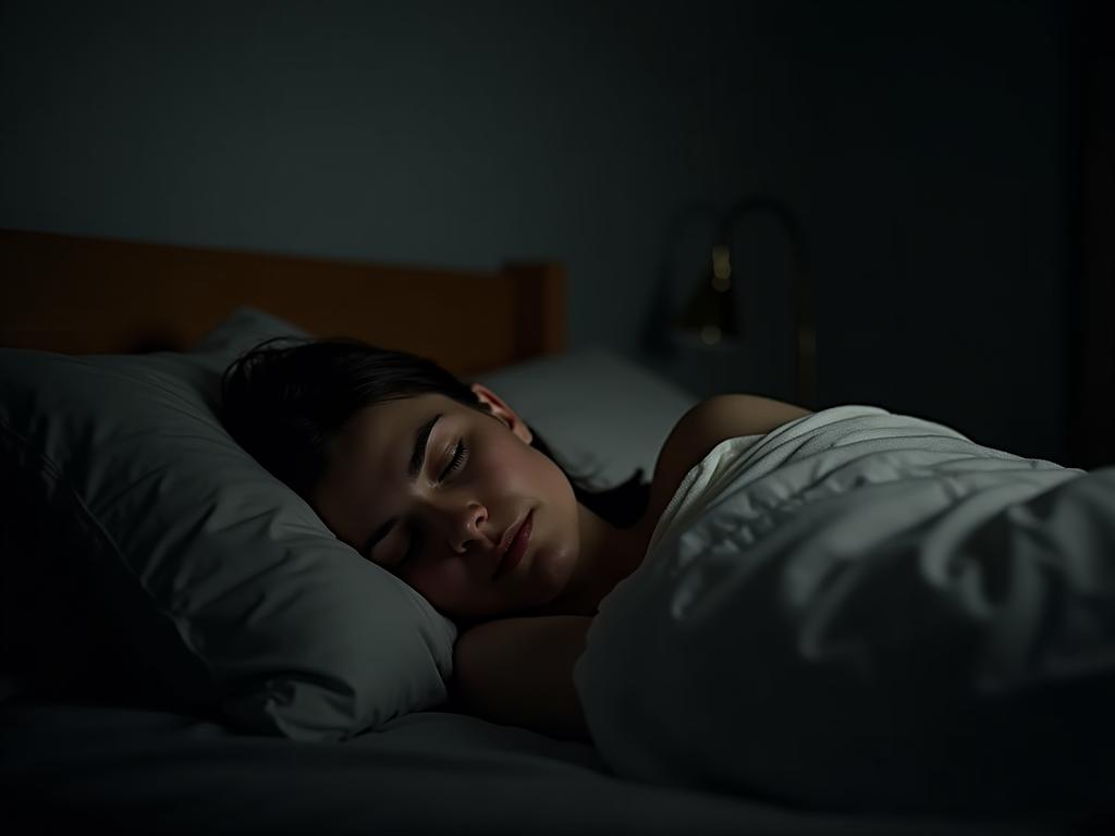 A person sleeping peacefully in a dimly lit bedroom.