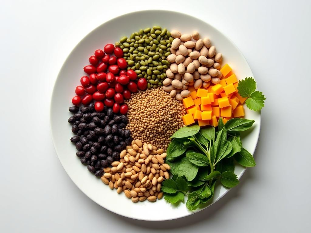 A colorful plate with various foods like beans, nuts, seeds, and green leafy vegetables, with the title Superfoods or Super-bluff?