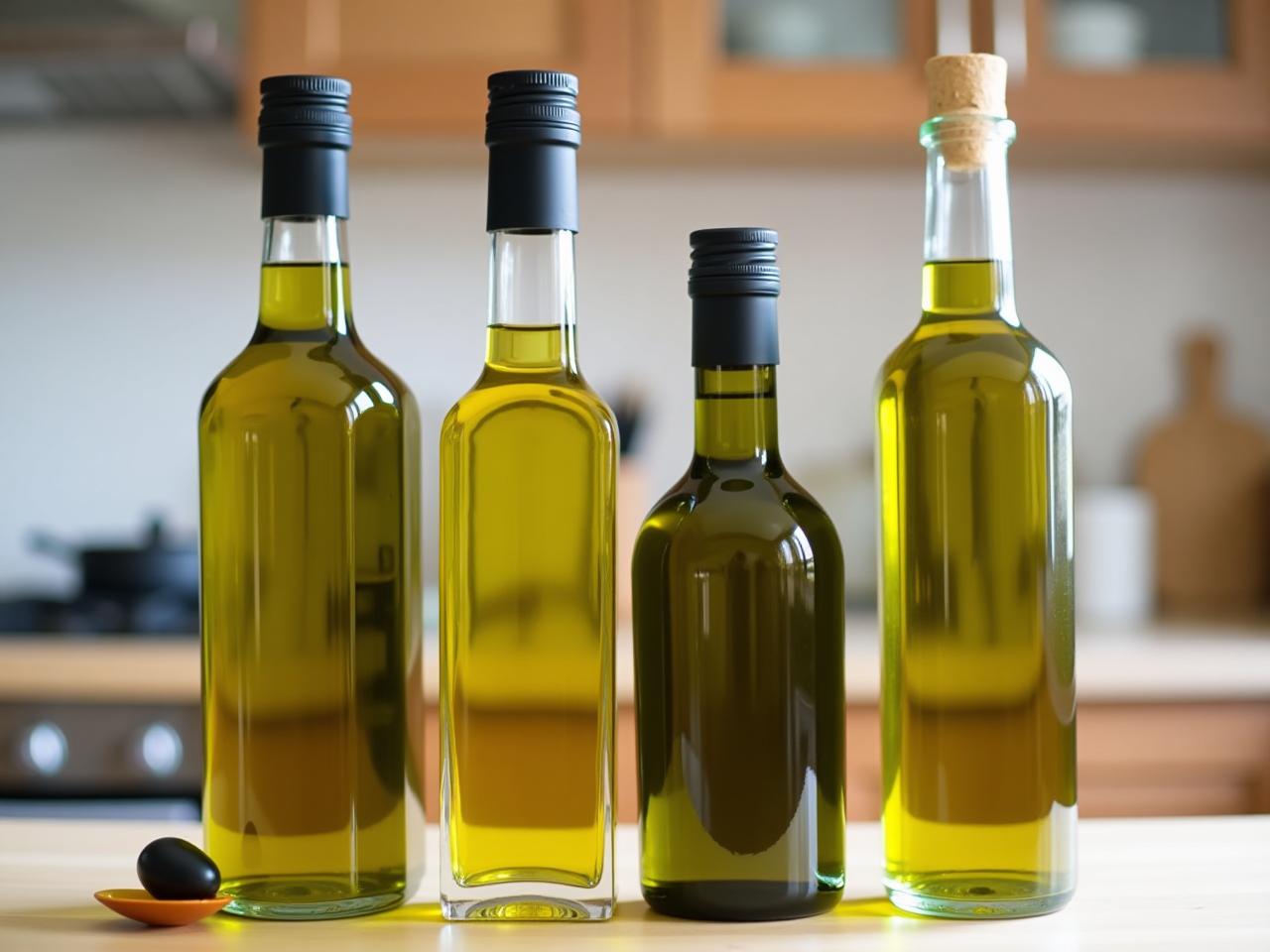 Bottles of different types of olive oil on a kitchen counter, with focus on extra virgin olive oil.