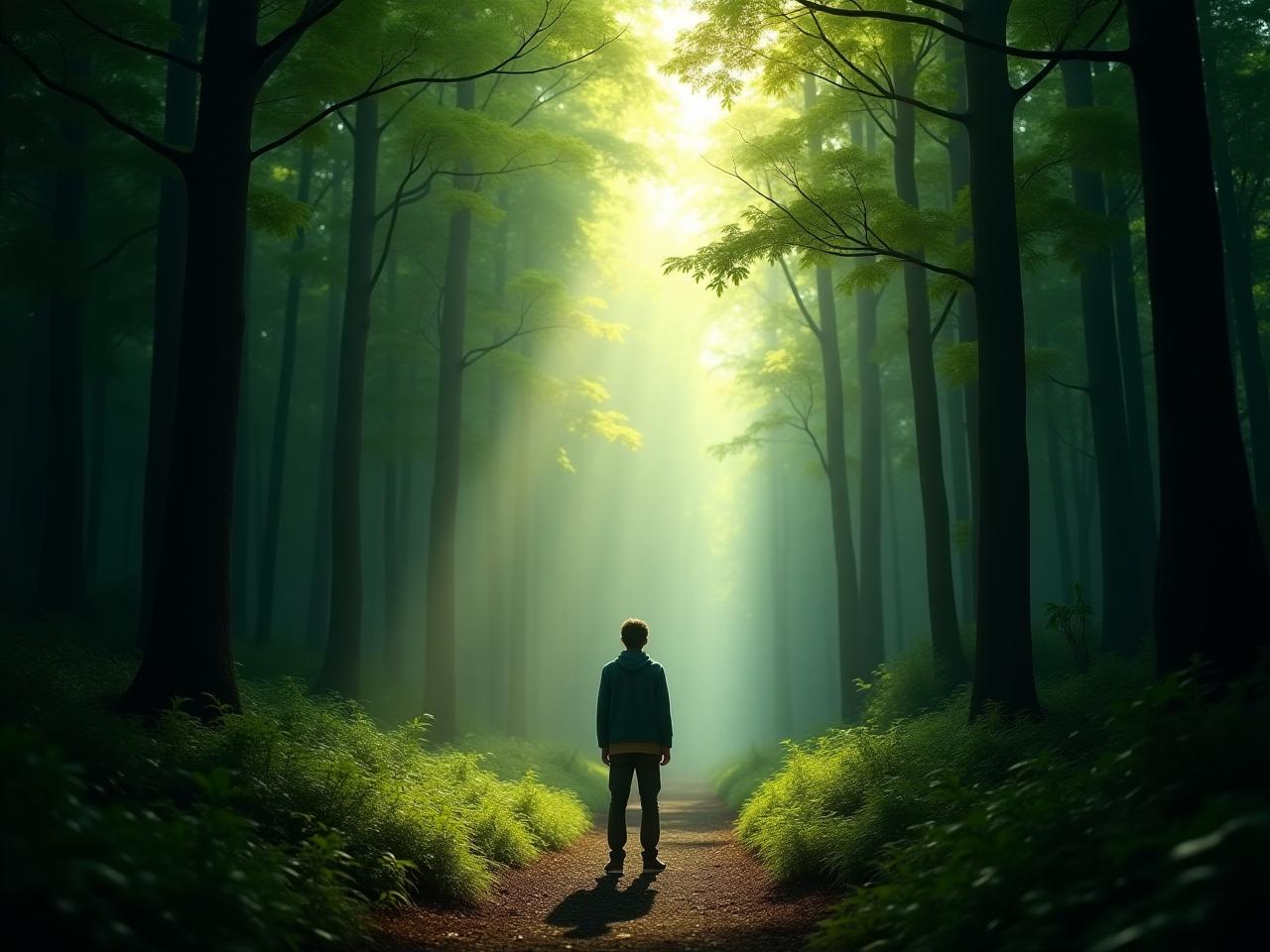 A person standing alone in a dense, green forest, looking up at the sunlight filtering through the trees. The atmosphere is peaceful and serene.