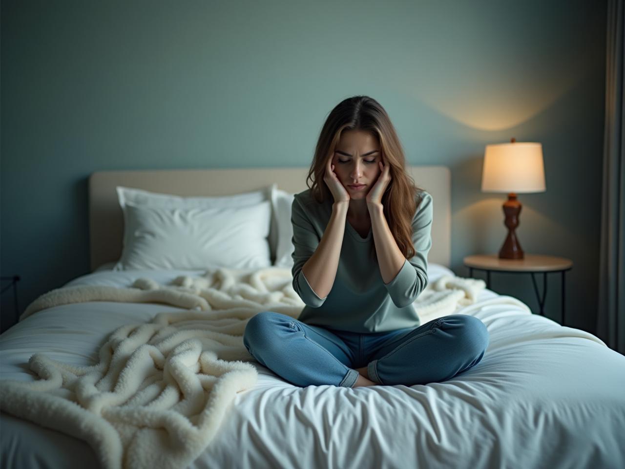 Person sitting on the edge of the bed looking frustrated and unable to sleep