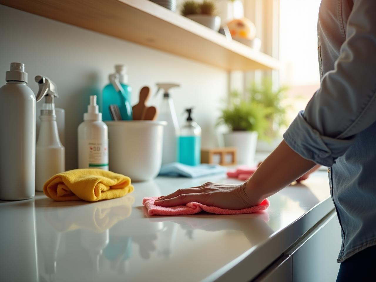 A cluttered kitchen counter with various cleaning supplies and a person wiping down the surface with a cloth.