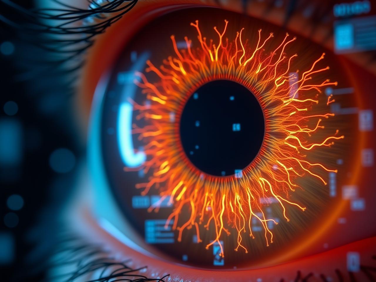 A close-up of a human retina with various colorful patterns representing blood vessels and nerve fibers, overlaid with digital diagnostic information.