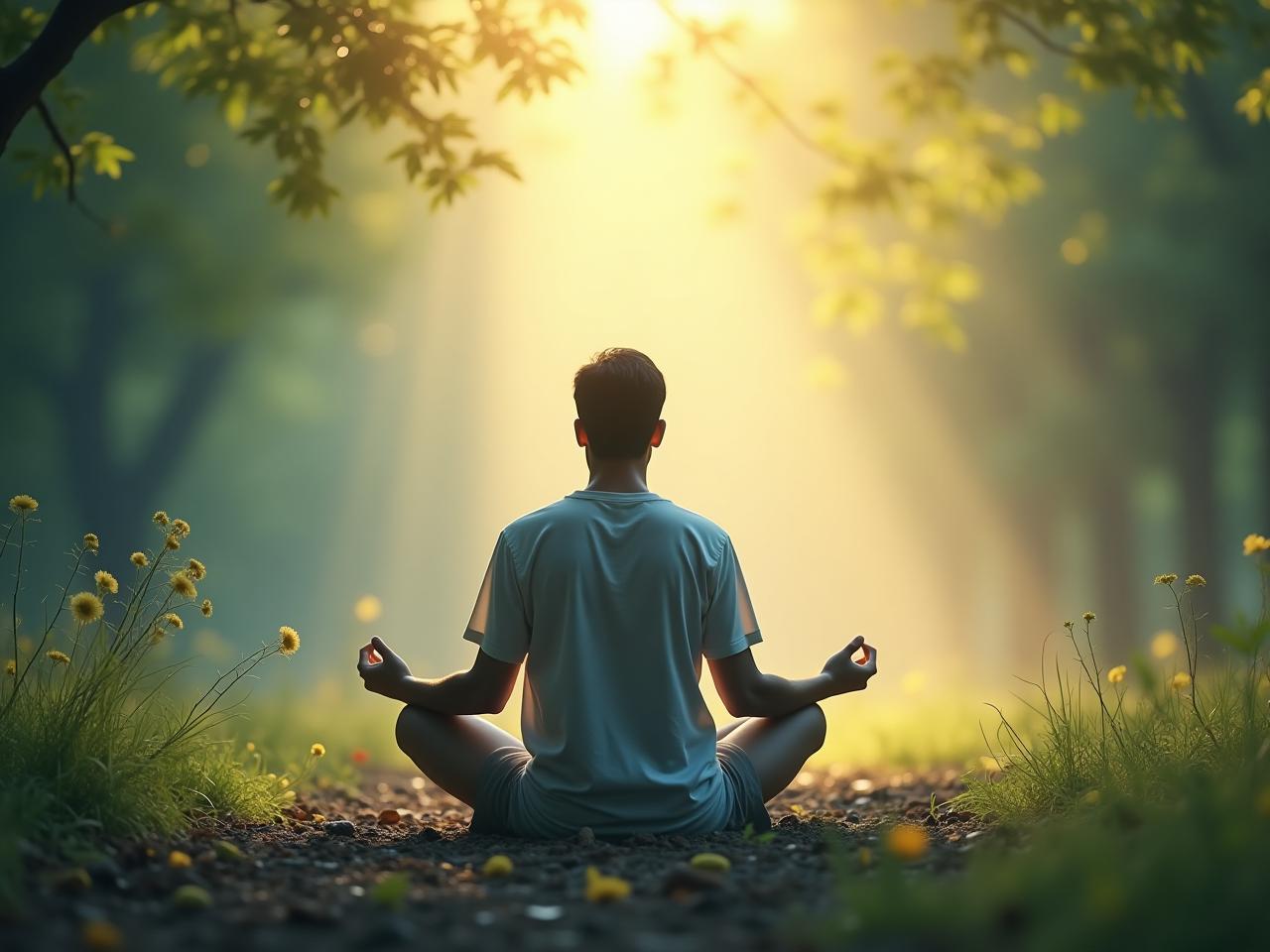A serene image of a person meditating in nature, surrounded by calming colors and natural elements, symbolizing the path to healing and inner peace in the context of brain inflammation.