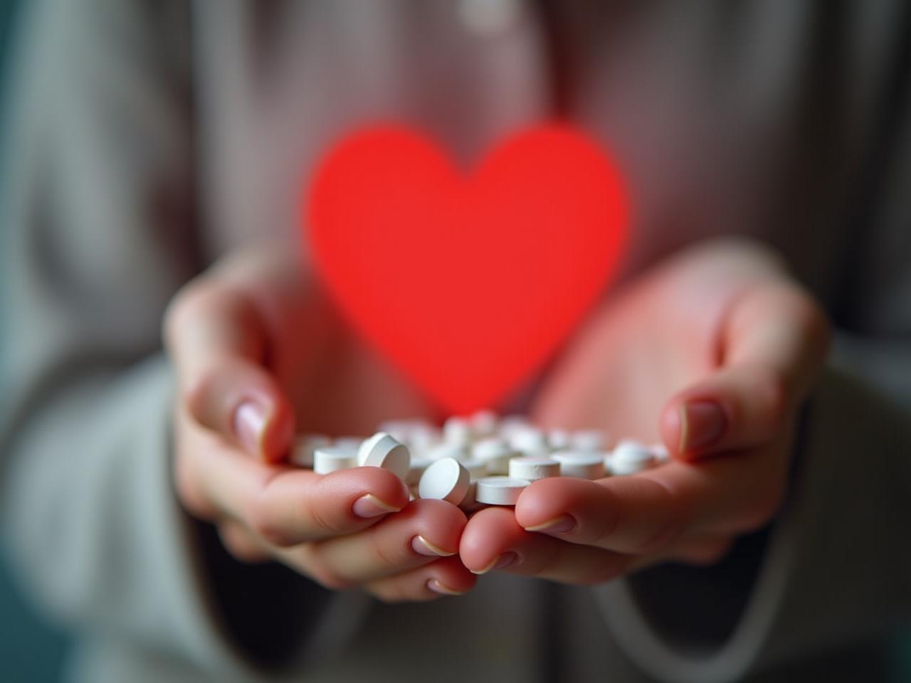 A hand holding calcium pills with a heart in the background, symbolizing the potential risk to heart health.