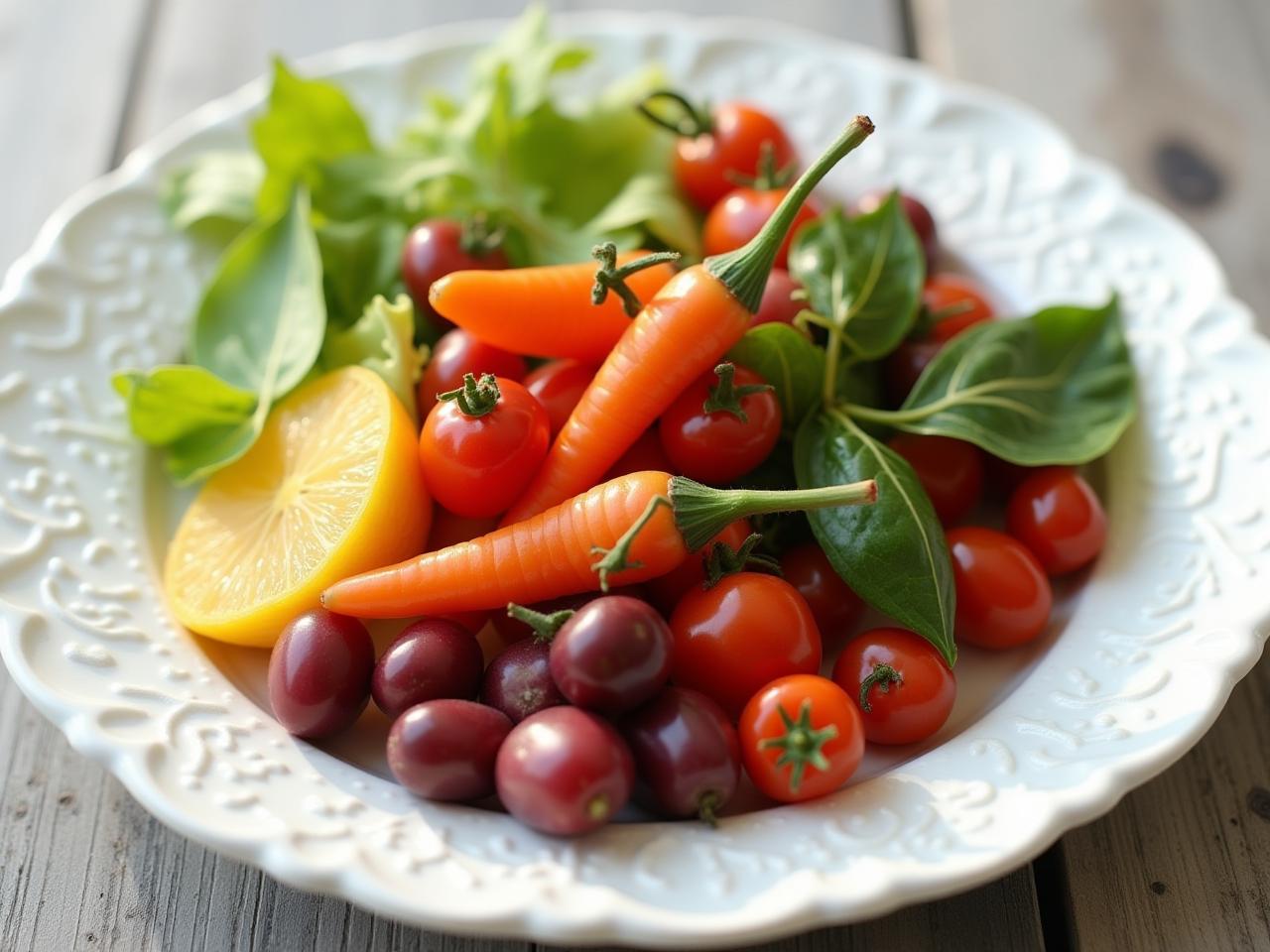 A plate with colorful vegetables and healthy food, representing anti-aging nutrition.