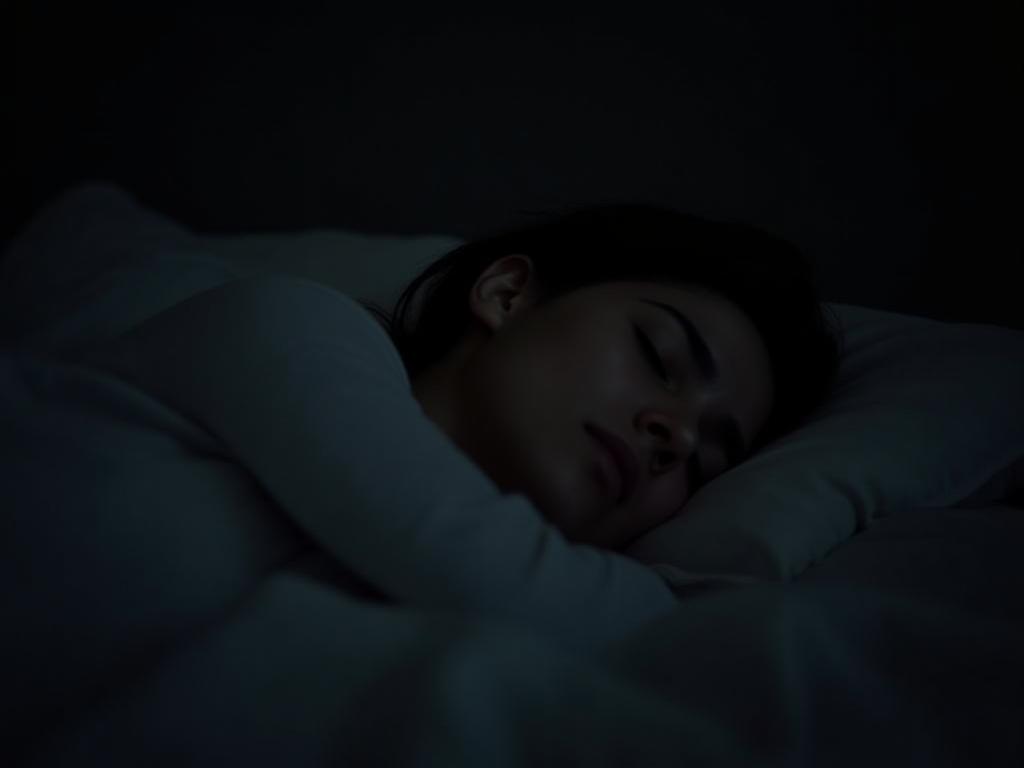 A person sleeping peacefully in a dark, quiet room, surrounded by comfortable bedding and a calming atmosphere.