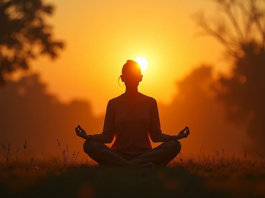 A person meditating in a peaceful environment with a sunrise in the background, symbolizing mindful aging.