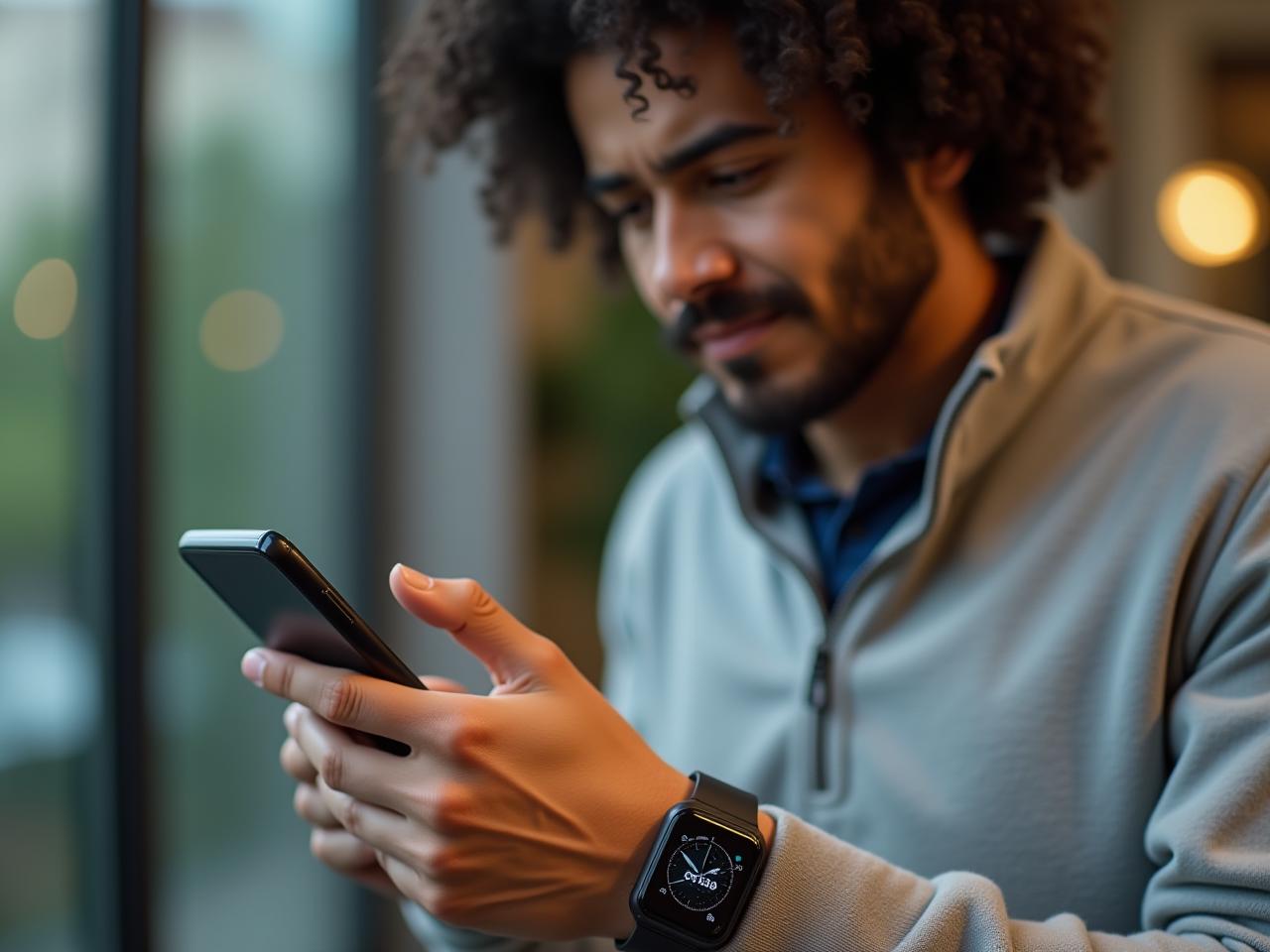 A person wearing a smartwatch and looking at health data on their phone, with a skeptical but curious expression.