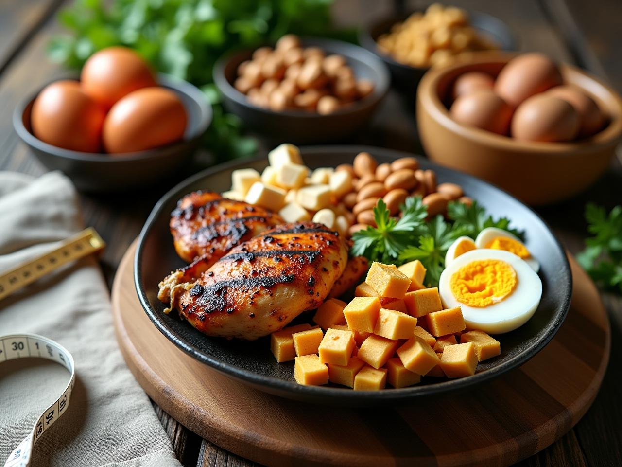 A close-up photo of various protein-rich foods like eggs, grilled chicken, tofu, and nuts, arranged on a rustic wooden table with a measuring tape and a notebook.