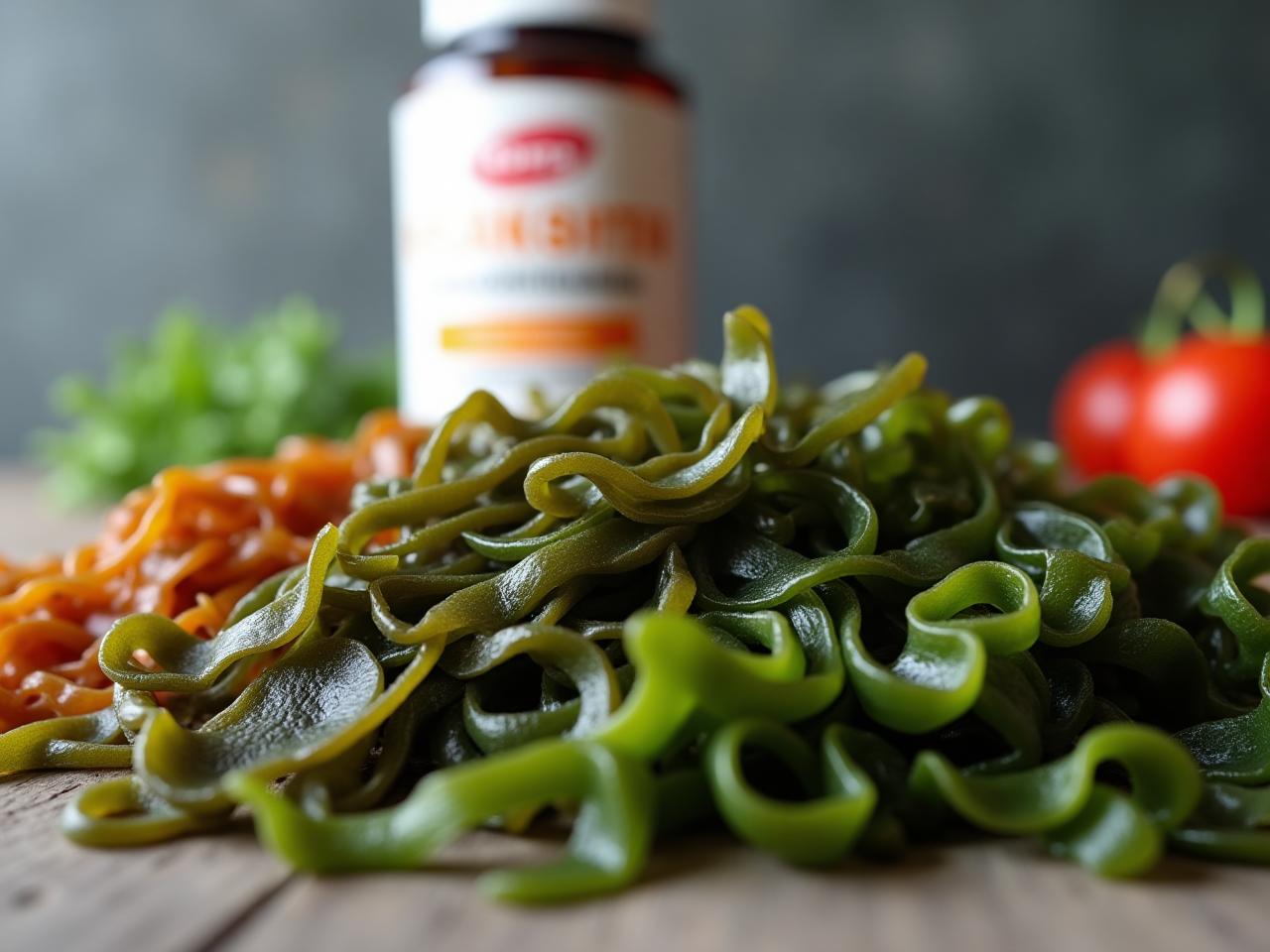 Close-up of various types of seaweed, highlighting the different textures and colors. A bottle of fucoxanthin supplement is subtly placed in the background.