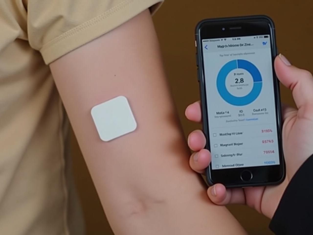 A person wearing a small sensor patch on their arm, with a smartphone displaying data related to magnesium and zinc levels.
