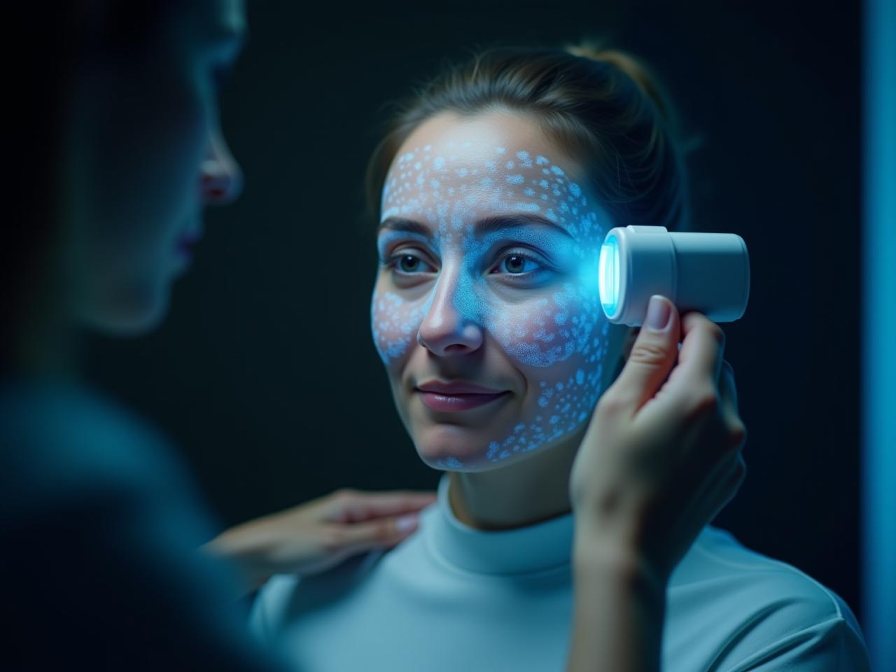A futuristic skin scanner analyzing a persons face, revealing hidden signs of aging. The image should convey a sense of advanced technology and personalized health analysis.