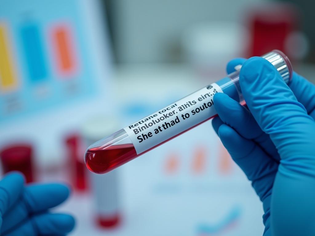 Close-up of a blood sample being analyzed in a laboratory, with colorful charts and graphs in the background representing different biomarkers and health indicators.
