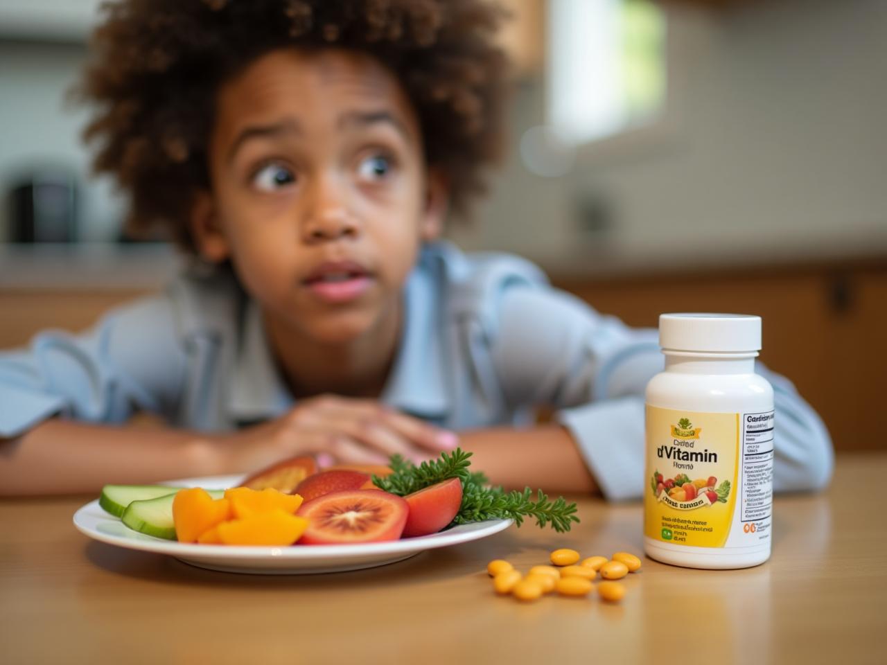A person looking at a multivitamin bottle with a questioning expression, next to a plate of colorful fruits and vegetables.