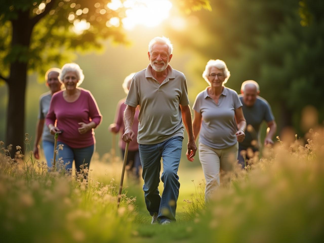 A group of elderly people engaging in physical activities, such as gardening and walking in nature, highlighting the concept of natural movement for anti-aging.