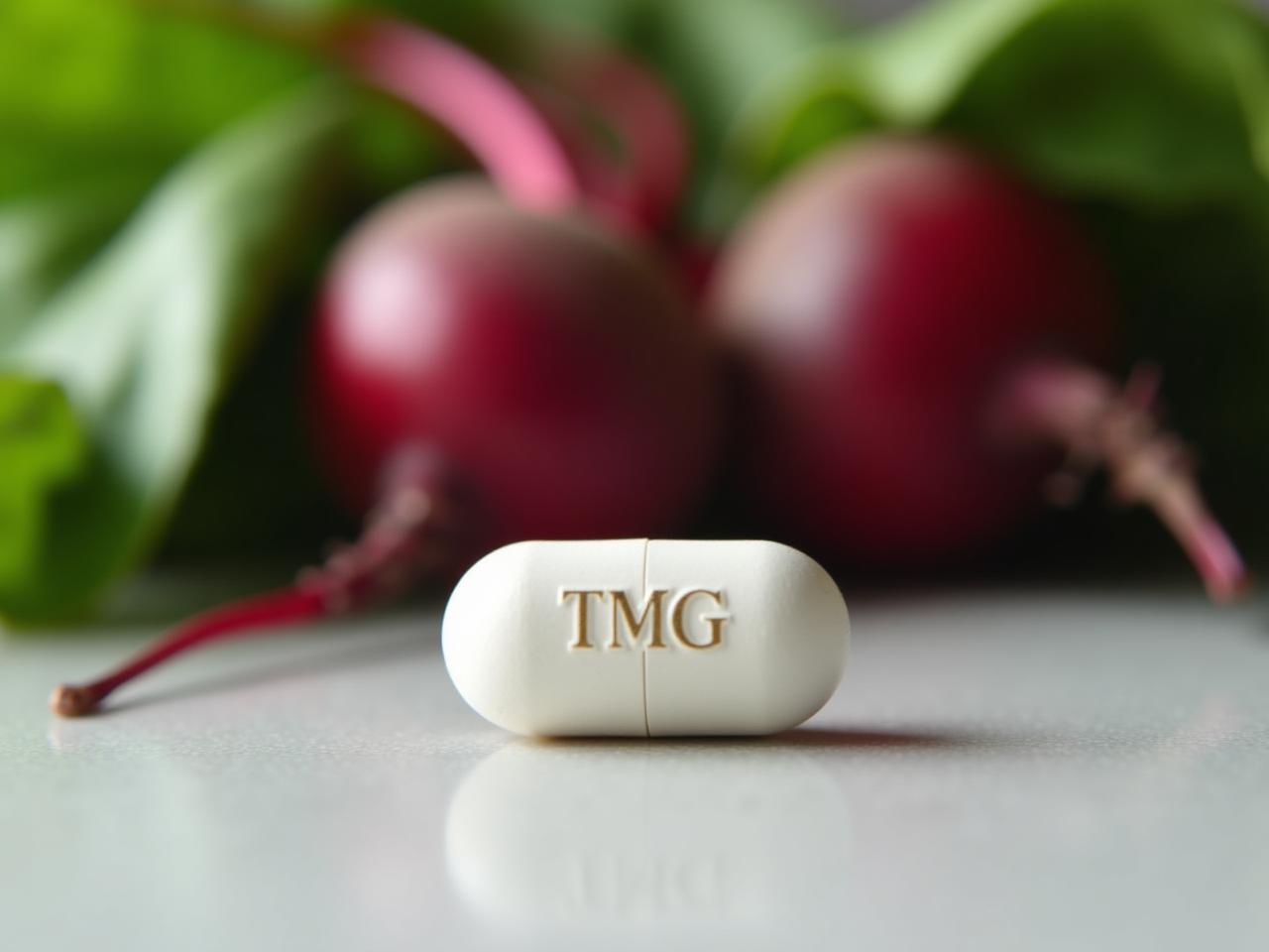 Close-up of a white TMG capsule next to fresh beets and spinach, symbolizing the connection between the supplement and natural food sources.