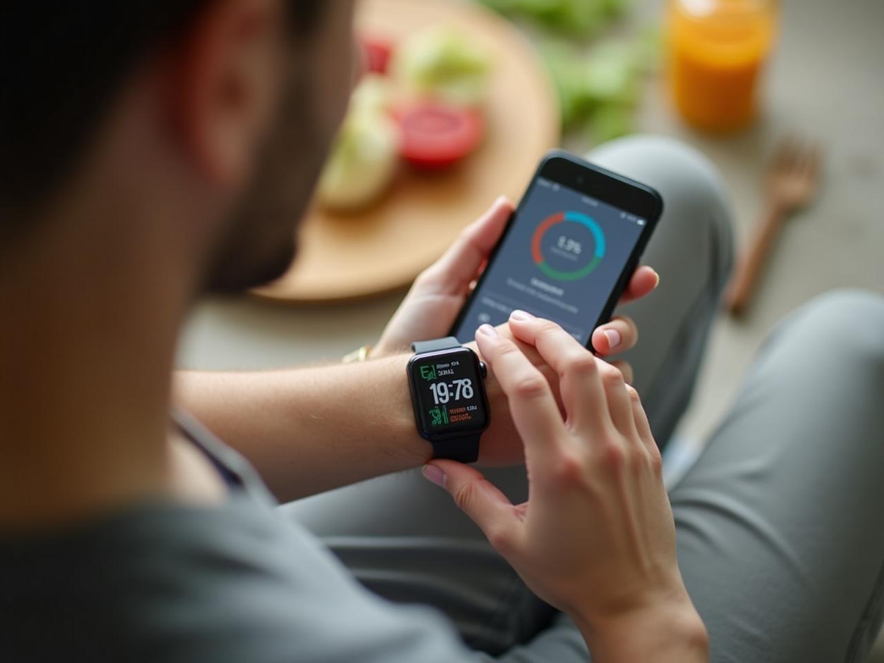 A person wearing a smartwatch and looking at data on their phone, with a healthy lifestyle background.