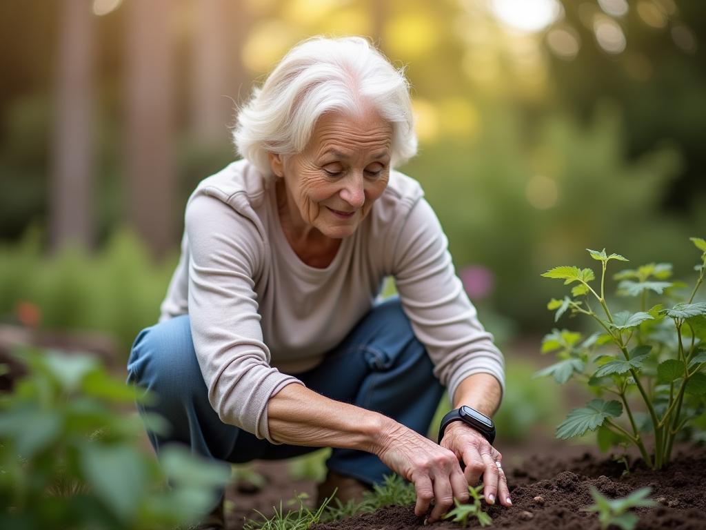 An elderly woman gardening, representing active aging and natural movement, with a fitness watch on her wrist as a humorous juxtaposition.