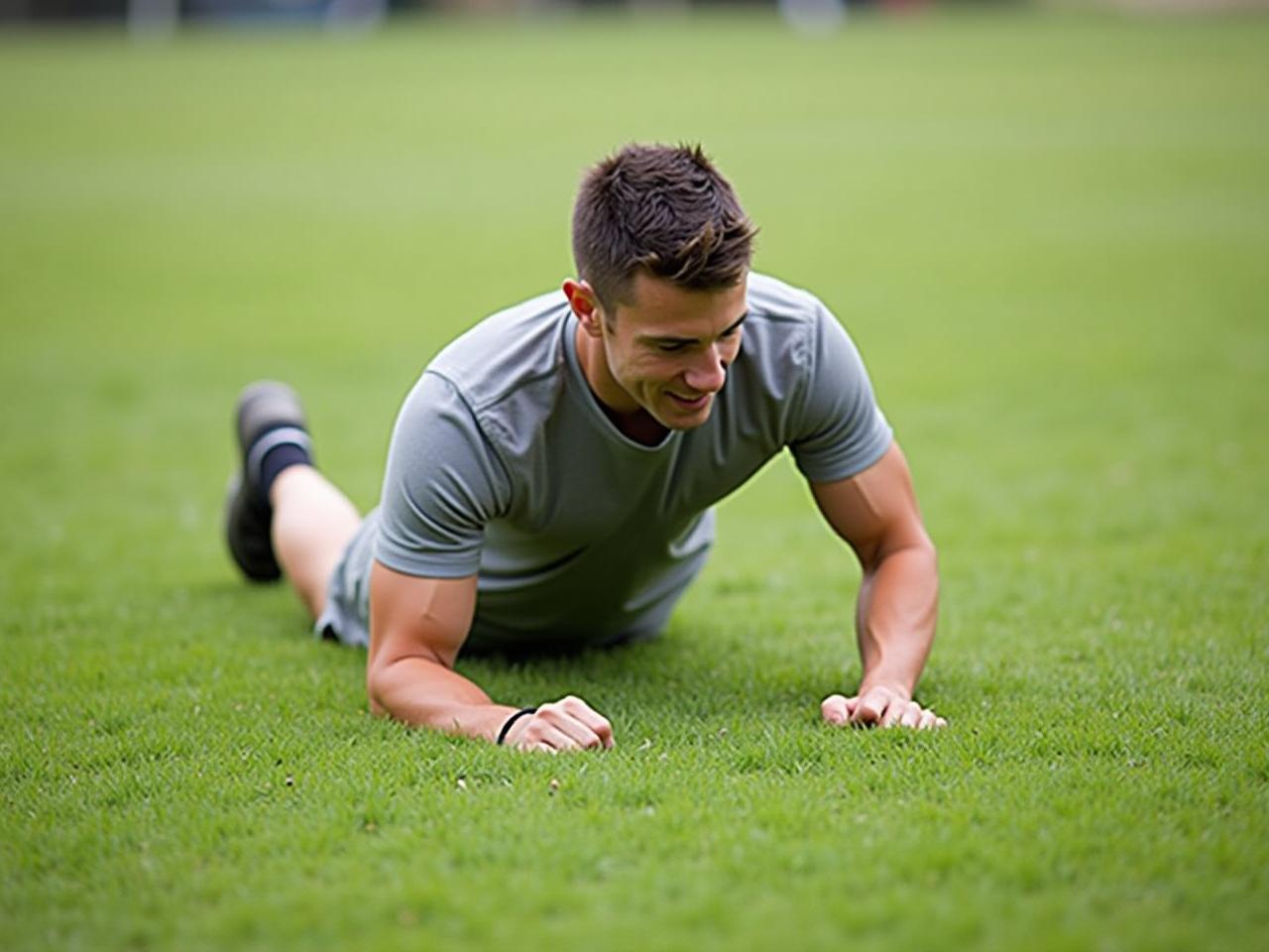 A person crawling on the grass, demonstrating a natural movement for core strength.