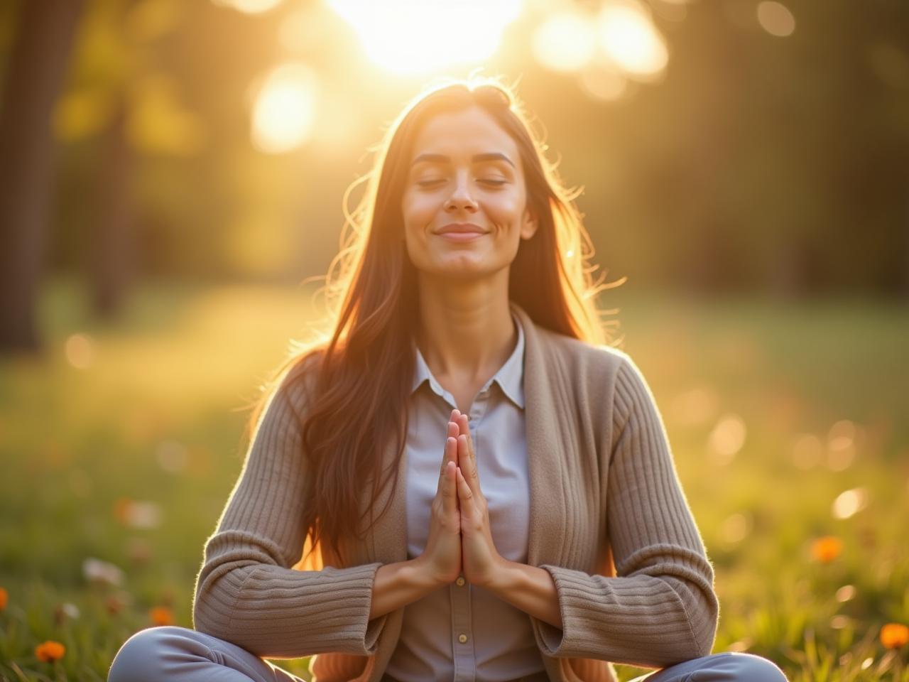 A person meditating outdoors with a serene expression, surrounded by nature, representing gratitude and mindfulness.