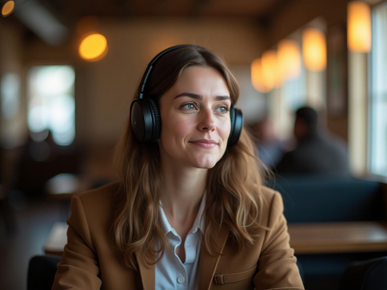 A person wearing noise-canceling headphones in a busy cafe, looking peaceful and focused despite the surrounding noise.