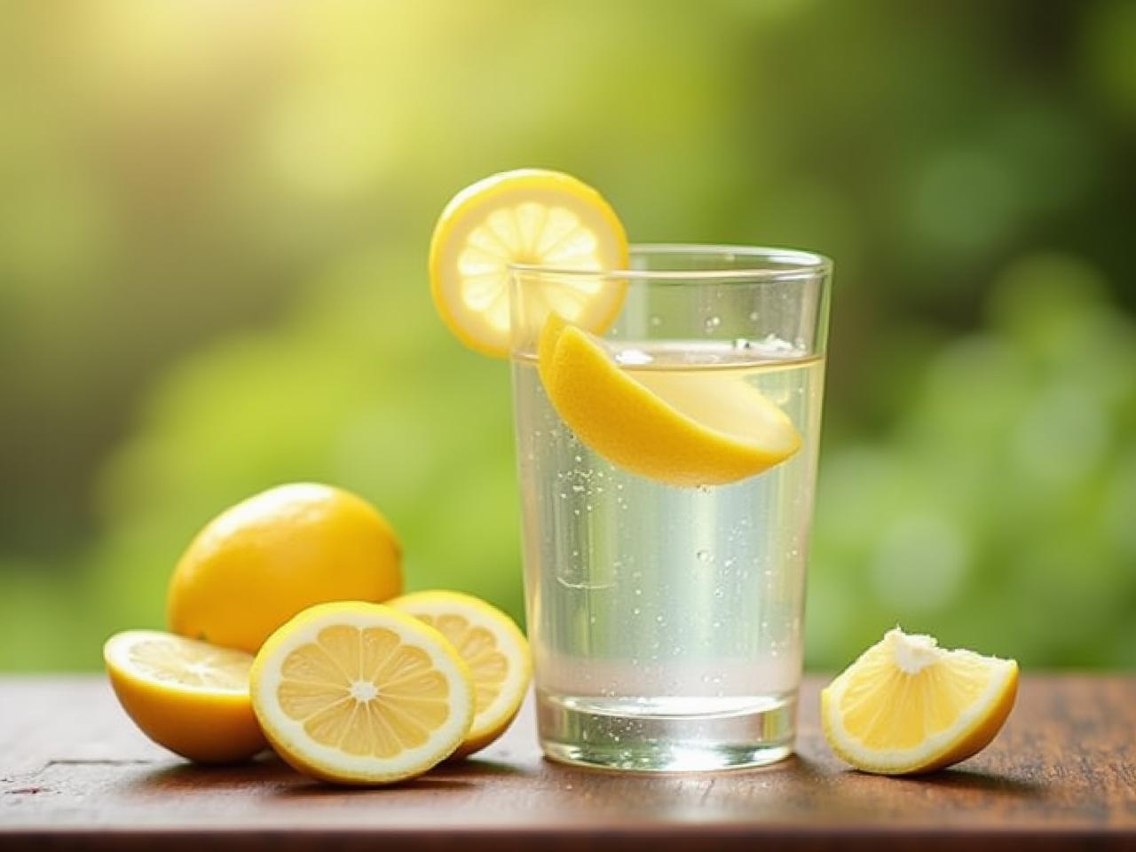 A glass of water with lemon slices on a wooden table, symbolizing the concept of water fasting and detoxification.