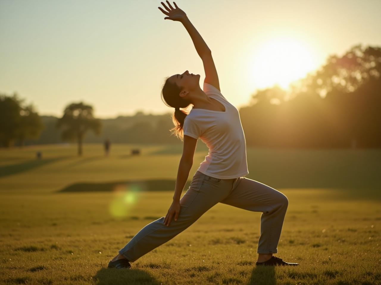 A person stretching outdoors in a natural environment.