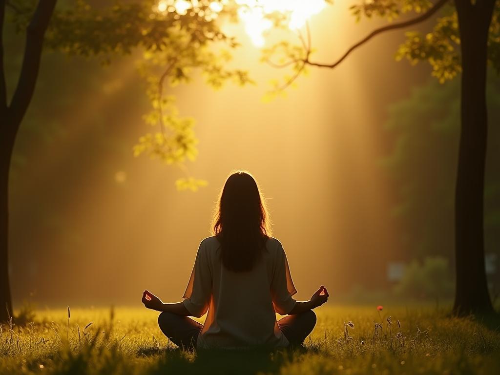 A person meditating in a peaceful natural setting, surrounded by trees and sunlight.