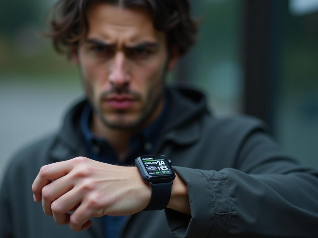 Person looking at data on a smartwatch, with a skeptical expression.