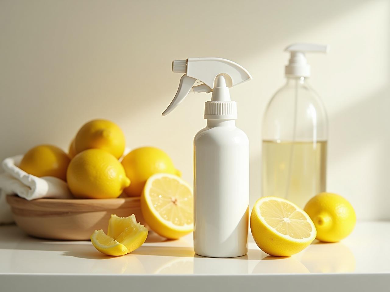 A sparkling clean kitchen with natural cleaning products like lemon, baking soda, and vinegar.