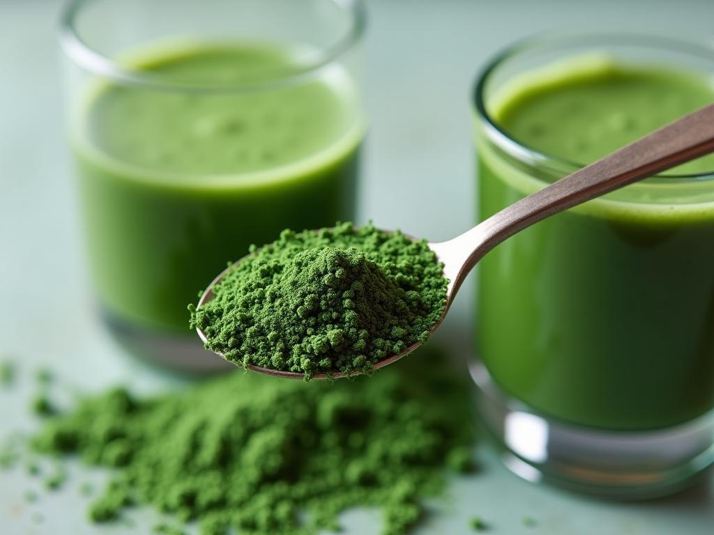 Close-up shot of spirulina powder in a spoon, next to a green smoothie and a glass of water.