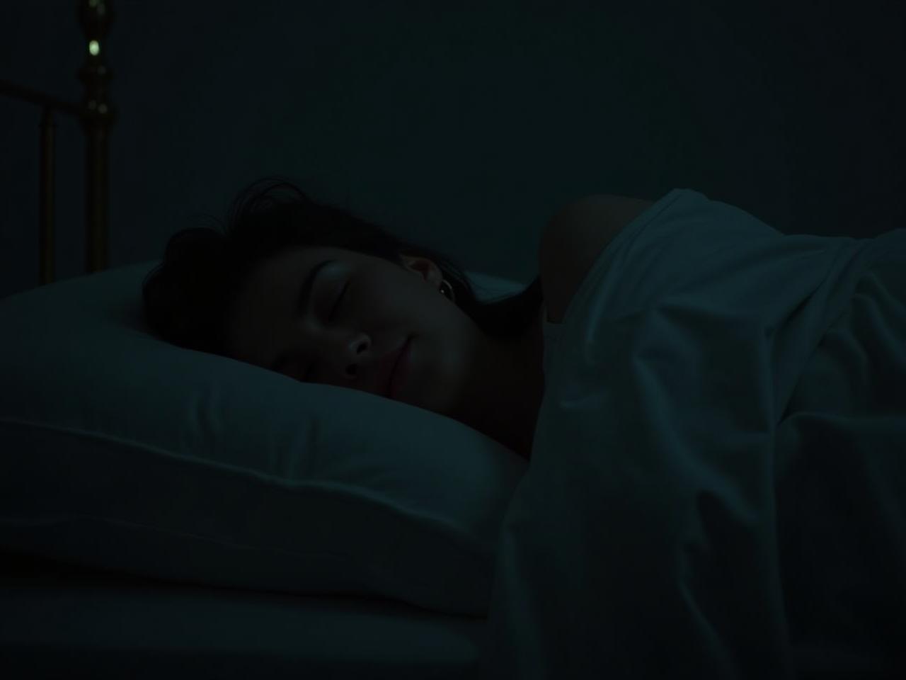 A person sleeping peacefully in a dark and cool room.