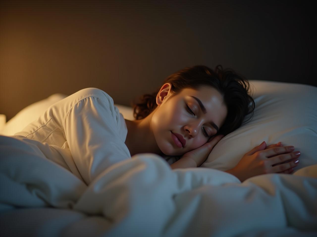 A person sleeping peacefully in a comfortable bed with a warm light.