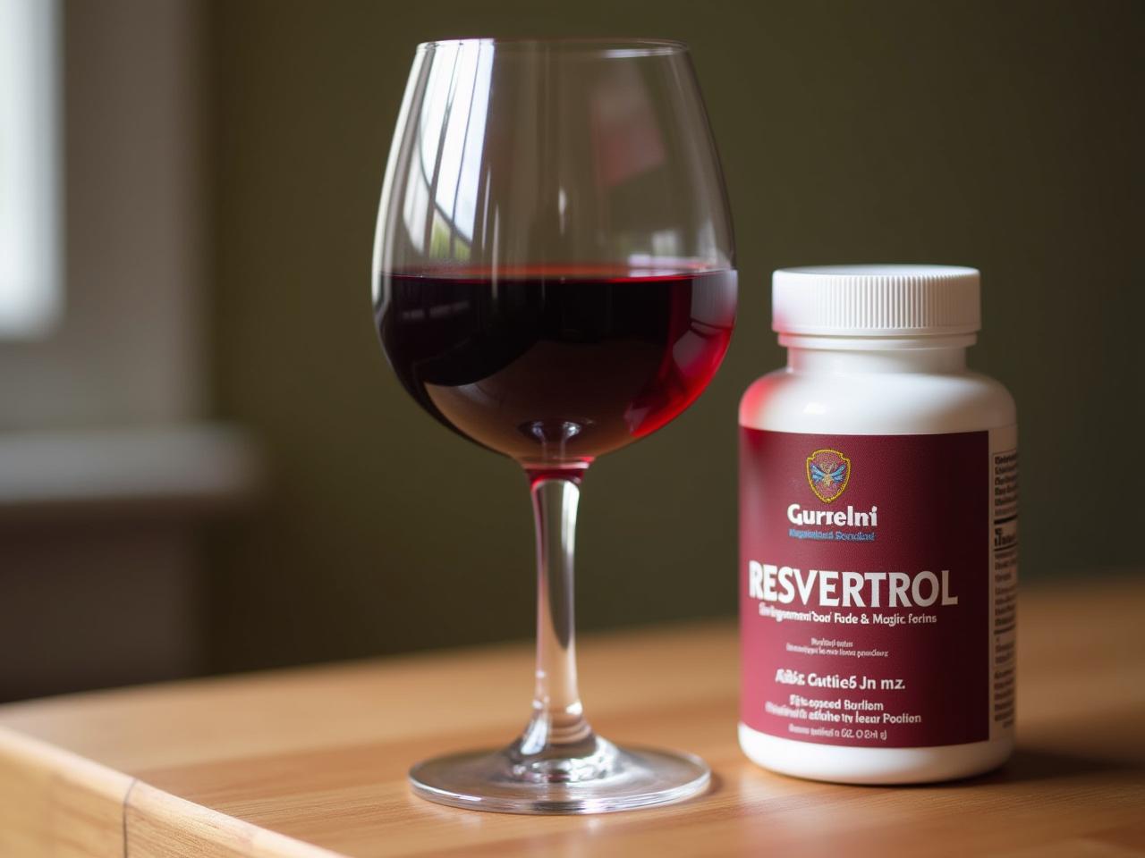 A glass of red wine next to a bottle of resveratrol supplements, questioning their health benefits.
