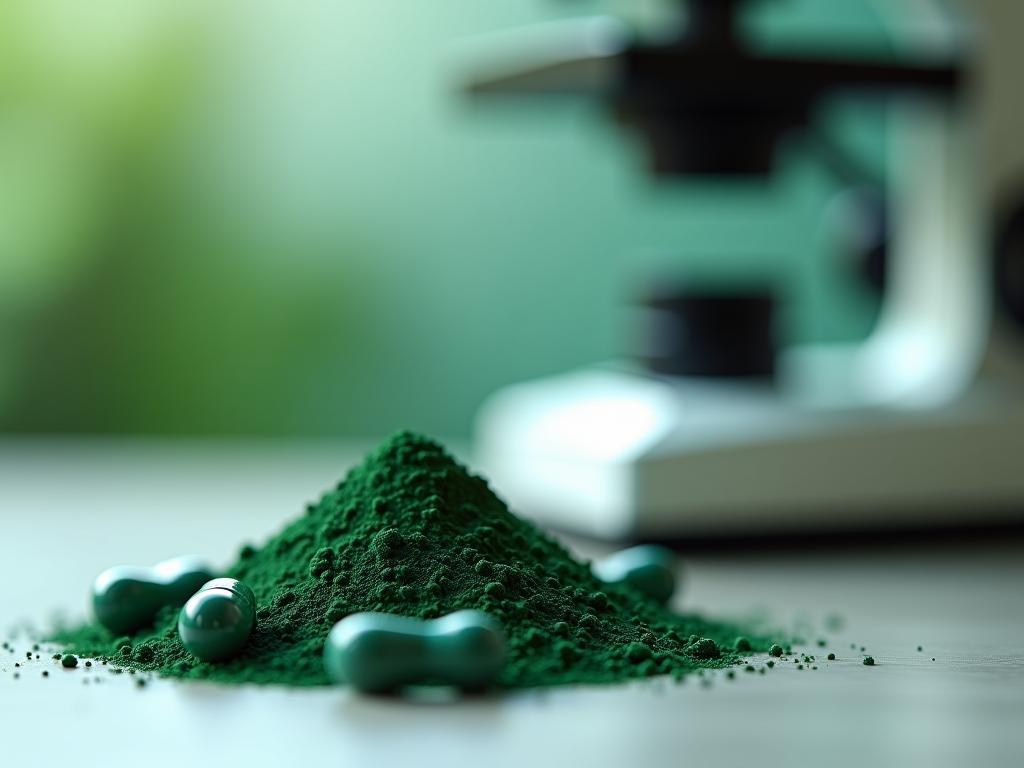 A close-up image of spirulina powder and capsules, with a microscope in the background, symbolizing the blend of natural health and scientific research.