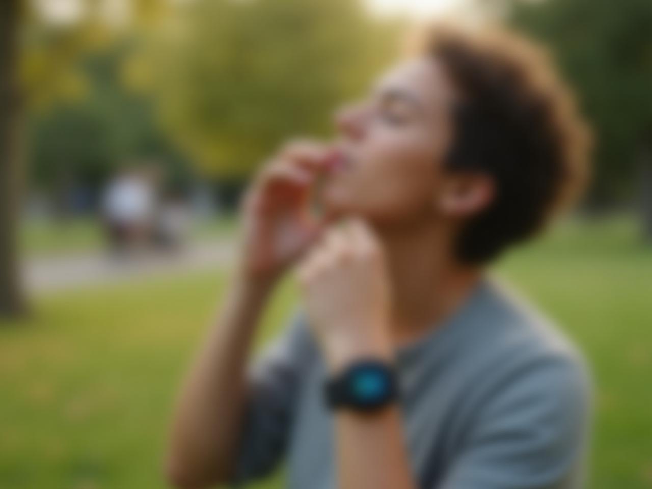 A person taking deep breaths in a park while monitoring their blood oxygen saturation with a smartwatch.