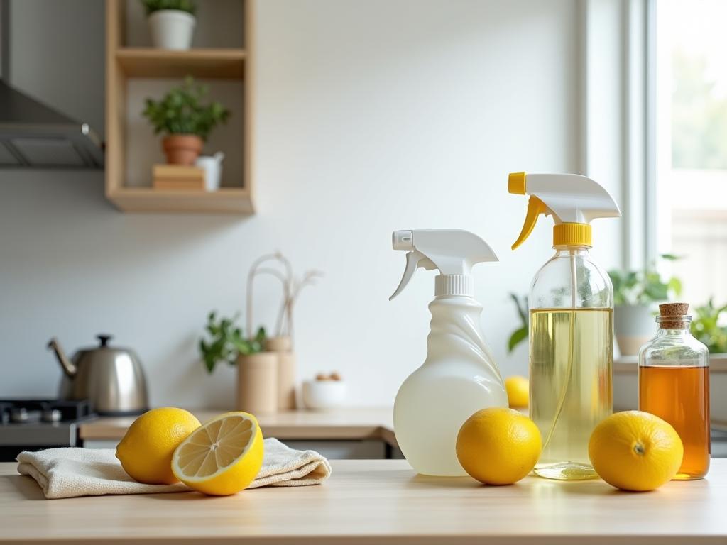 A clean and organized kitchen with natural cleaning supplies like lemons, baking soda, and vinegar.